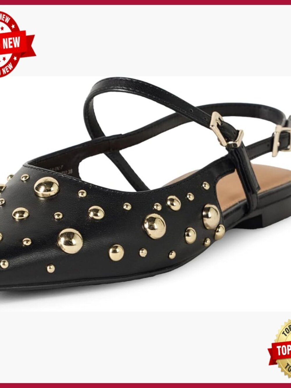Women's Pointed Toe Flat with Ankle Strap, Studded Detail - Size 9.5